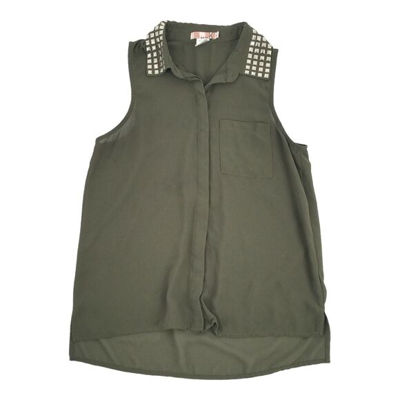 Katie K Studded Collar Buttin Front Sleeveless Chiffon Blouse Small Dark Green S - Picture 1 of 6